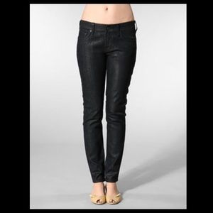 7FAM Lucy Dark Wash Wax Coated Skinny Jeans